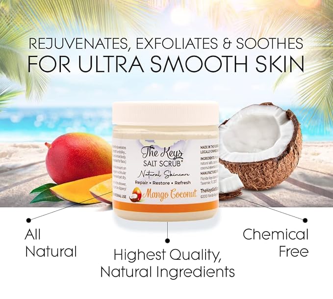 The Keys Salt Scrub -Sea Salt Scrub - Exfoliating Body Scrub with Wooden Spoon - Moisturizing Exfoliator for Hands, Foot, Bath, (3.4 Ounce (Pack of 3), Mango Coconut)