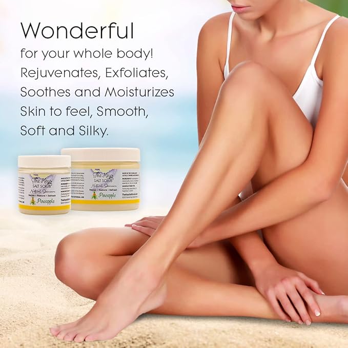 The Keys Salt Scrub -Sea Salt Scrub - Exfoliating Body Scrub with Wooden Spoon - Moisturizing Exfoliator for Hands, Foot, Bath, (3.4 Ounce (Pack of 3), Pineapple)