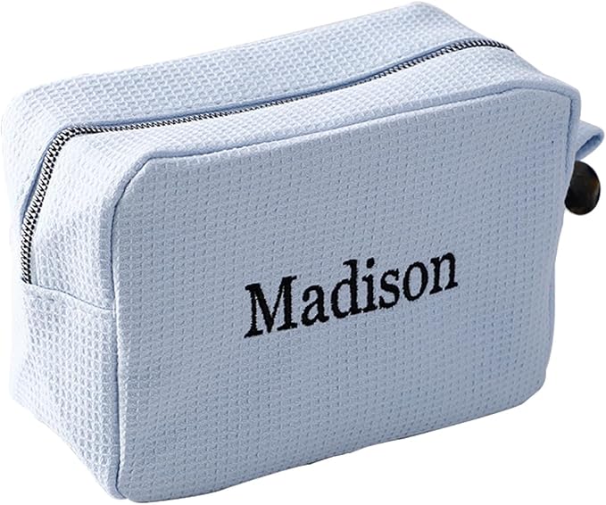 GOPHIE Personalized Embroidered Makeup Bag,Custom Waffle Fabric Cosmetic Pouch for Women, Travel Makeup Pouch (1, Sky Blue)