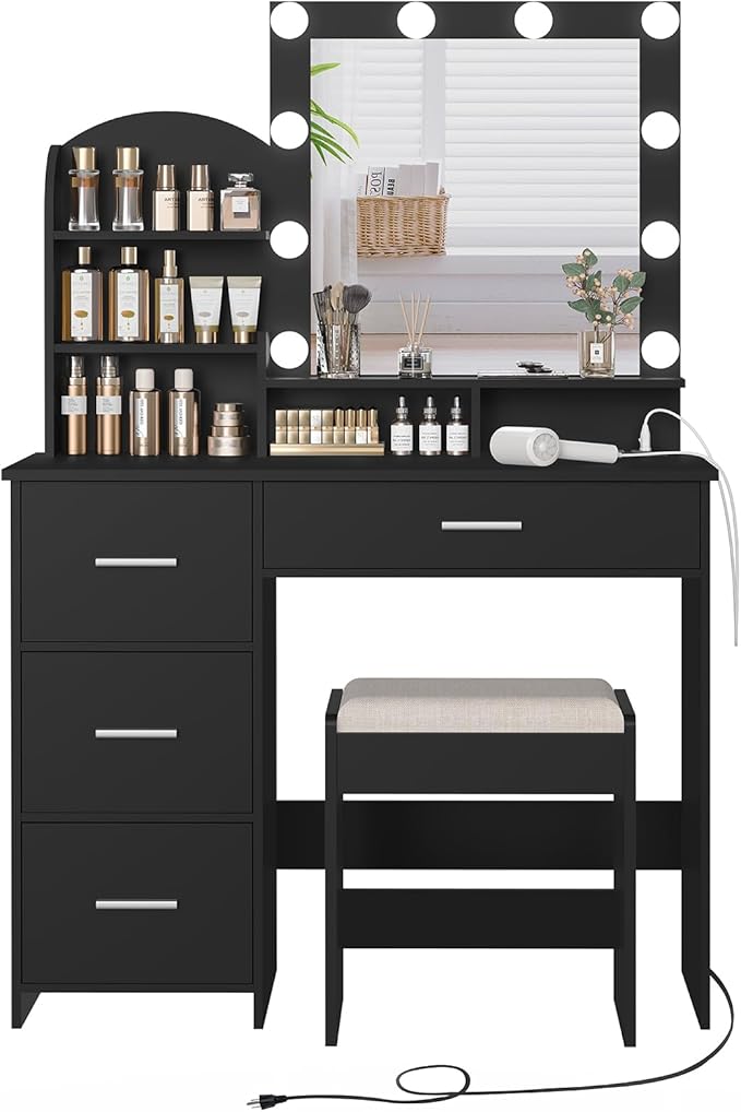 Quimoo Makeup Vanity with 10 Light Bulbs and Charging Station, Vanity Desk with Lighted Mirror & 4 Drawers, Vanity Table Set with Cushioned Stool, Black