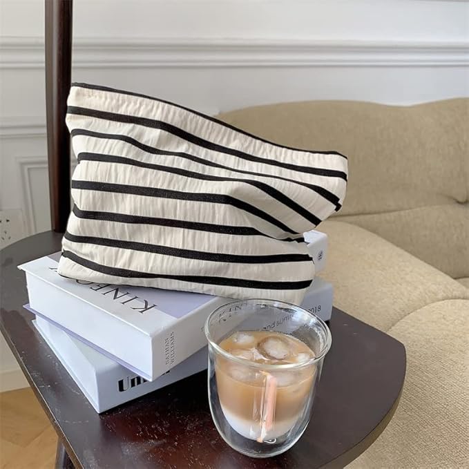 PAZIMIIK Floral Makeup Bag Large Cotton Zipper Pouch for Purse Travel Canvas Make Up Organizer for Women Cosmetic,Stripe White