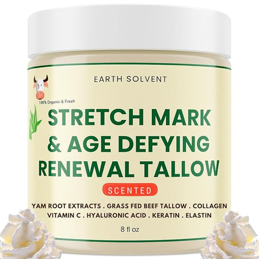 Stretch Mark & Age Defying Renewal Tallow – Yam Root, Coll-agen, Biotin, Vitamin C, Dead Sea Minerals, Hyaluronic Acid, Keratin & Elastin (8 fl oz, Warm Scent)