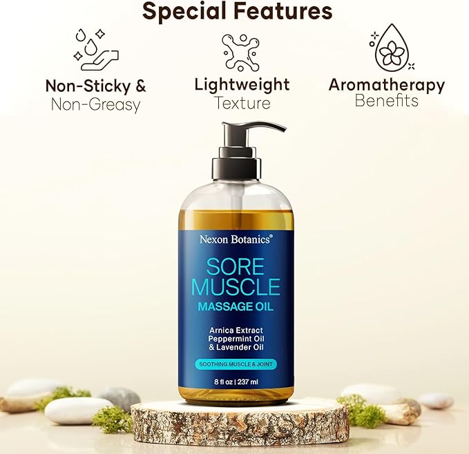 Sore Muscle Massage Oil for Massage Therapy 8 fl oz - Refreshing and Relaxing - Natural Oils with Arnica, Peppermint and Lavender Oil - for Men and Women - Nexon Botanics