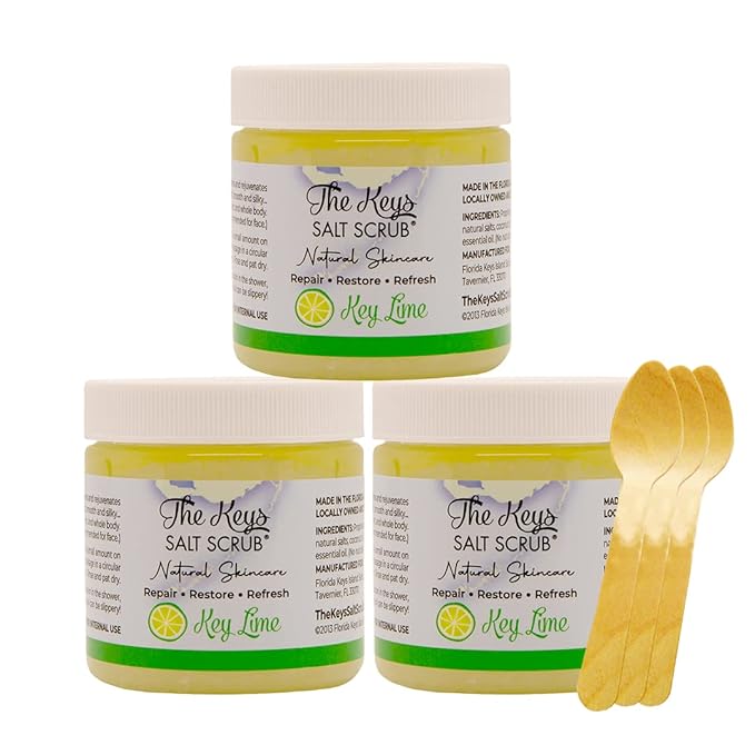 The Keys Salt Scrub -Sea Salt Scrub - Exfoliating Body Scrub with Wooden Spoon - Moisturizing Exfoliator for Hands, Foot, Bath, (3.4 Ounce (Pack of 3), Key Lime)