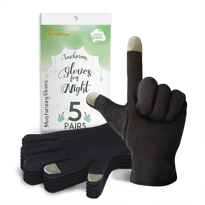 Evridwear 100% Cotton Touchscreen Moisturizing Beauty Gloves with Elastic Cuff, Natural Cosmetic Therapy Gloves for Eczema SPA Dry Hands Care Overnight (Black, Large) 5 Pairs