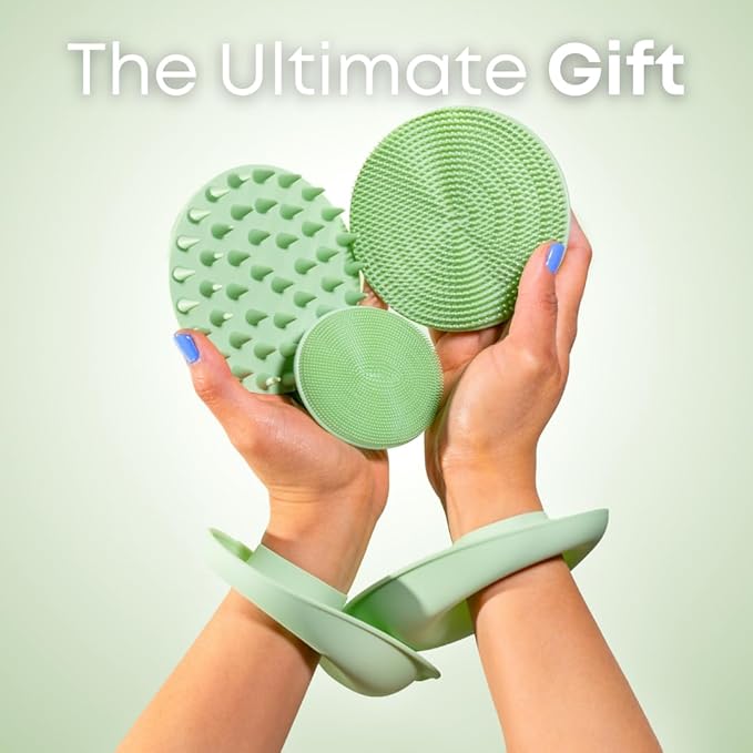 Skincare Essentials Kit - 4 Piece Bundle Pack - Face and Body Silicone Spa Accessory - Essential Beauty Set for Teen Girls Sage Green