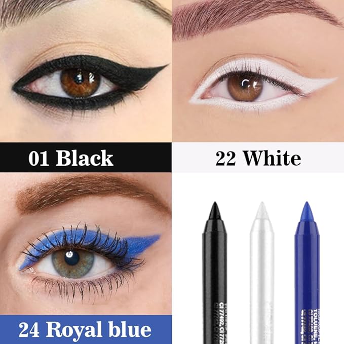 evpct 3Pcs Black & White & Royal Blue Gel Glitter Eyeliner Pencils Set for Women Waterproof Smudge Proof lapiz de ojos delineador de ojos contra el agua Eye Liner Makeup 01 22 24
