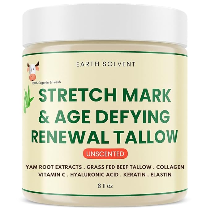 Stretch Mark & Age Defying Renewal Tallow – Yam Root, Coll-agen, Biotin, Vitamin C, Dead Sea Minerals, Hyaluronic Acid, Keratin & Elastin (8 fl oz, Unscented)