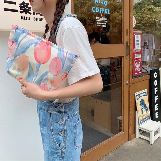 Floral Makeup Bag Large Cotton Zipper Pouch for Purse Travel Canvas Make Up Organizer for Women Cosmetic,Tulip Pink