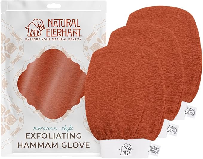 Natural Elephant Exfoliating Hammam Glove | Authentic Moroccan Kessa Body Scrub Mitt for Spa-Quality Skin Renewal | Burnt Orange Pack of 3