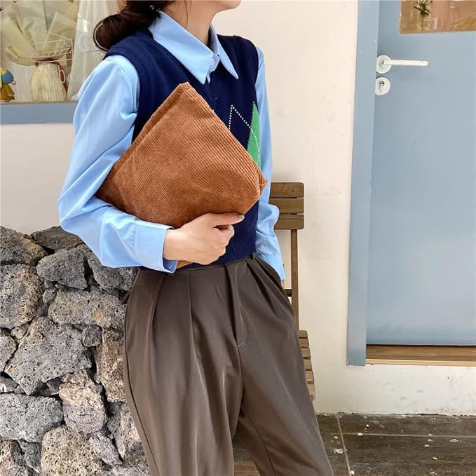 PAZIMIIK Makeup Bag Large Zipper Corduroy Make Up Pouch for Purse Travel Canvas Cosmetic Organizer for Women Brush Storage,Brown