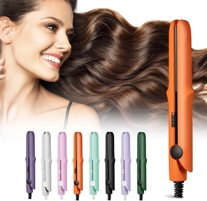 2025 New Mini Dual-Purpose Curling Iron, 2-in-1 Curling Wand Flat Iron Hair Straightener, Travel Curling Iron for All Hair Types (Orange)