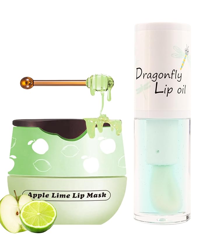 2Pcs Apple Lime Lip Bee Balm Honey Pot Lip Mask & Lip Glowy Oil Lip Gloss Care Set, Propolis Moisturizing & Nourish Lip Gloss Repair, Plump Dry Cracked Lip Scrub Exfoliator bálsamo para labios -Set D