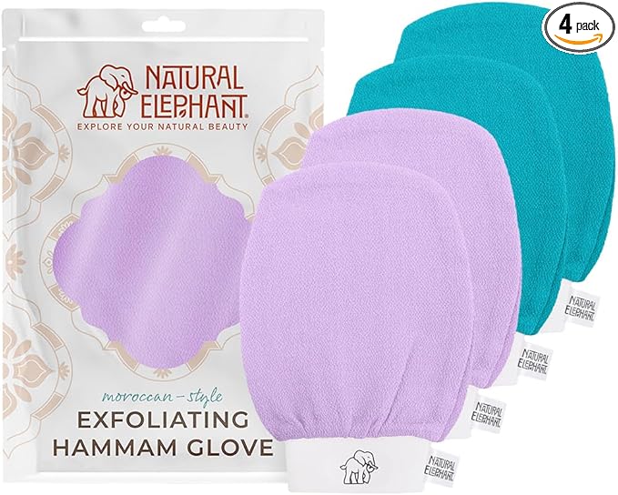 Natural Elephant Exfoliating Kessa Glove - Face and Body Exfoliator Hammam Mitt (2 Lilac and 2 Teal (Pack of 4))