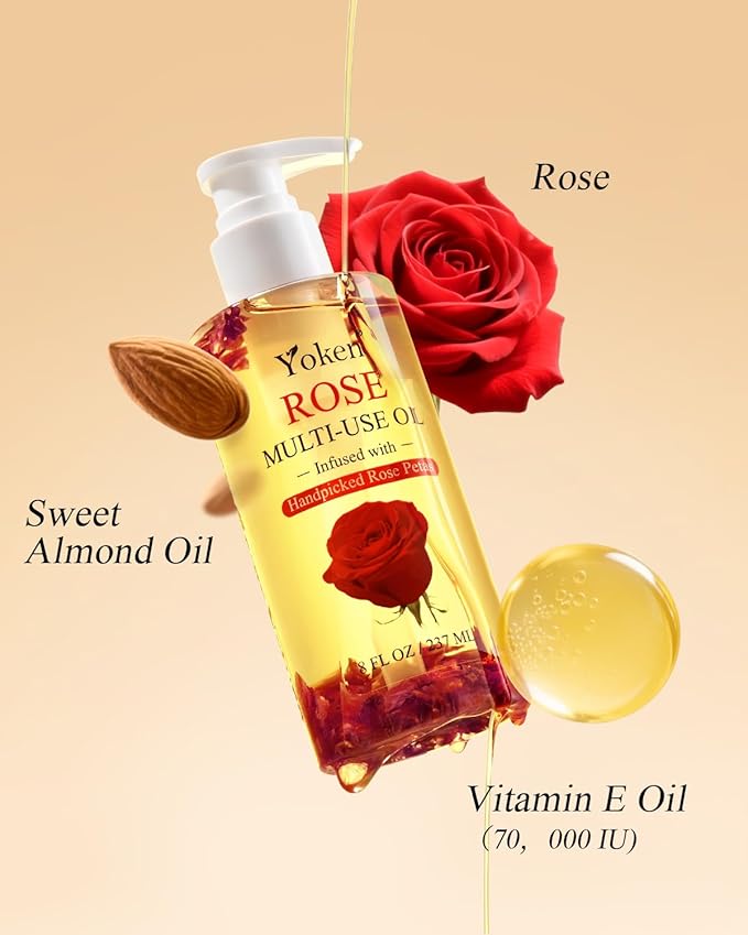 Yoken Multi-Used Body Oil For Skin,Face,Hair and Nails,Multi Purpose Organic oil With Rose Petals,Vitamin E & Almond Oil Nourishing & Hydrating,Body Oil for Moisture & Skin After Bath Oil,8 Fl Oz