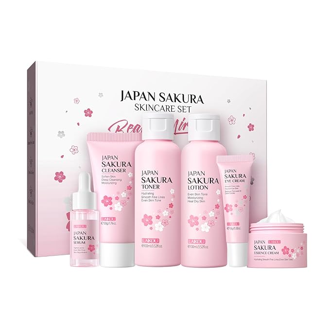 Skin Care Set JAPAN SAKURA Women Beauty Gift Sets Skin Care Kit with Cleanser, Toner, Lotion, Serum, Eye Cream, Face Cream Travel Kit for Women Teen Girls Mom Daughter TSA-friendly Sizes 6pcs