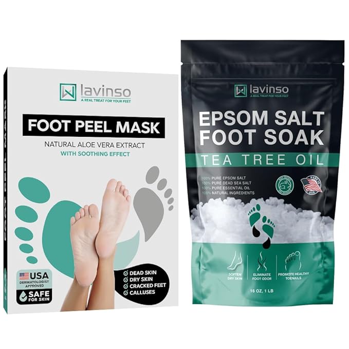 Tea Tree Foot Soak (1 lb) and Foot Peel Mask - Foot Care Kit For Dry Cracked Feet and Heels - Remove Dead Skin and Calluses - Treats Athlete's Foot and Stubborn Foot Odor