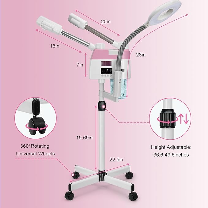 Professional Facial Steamer, 3 in 1 Facial Steamer with 5X Magnifying Lamp Hot&Cool Mist, Esthetician Steamer on Wheels, Stand Face Steamer with Time Setting for Home Salon Spa