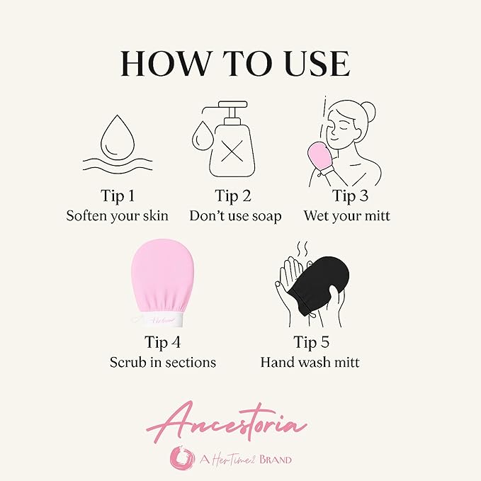 Ancestoria Korean Exfoliating Gloves for Shower, Pink and Black, 2-Pack, Deep Exfoliating Mitts for Body, Reusable and Chemical-Free, A HerTime2 Brand