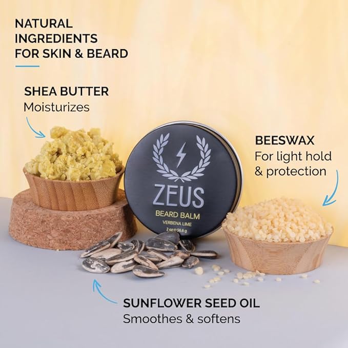 ZEUS Beard Balm Leave-In Conditioner, Beard Styling Grooming Balm with Natural Beeswax & Shea Butter (MADE IN USA) Verbena Lime