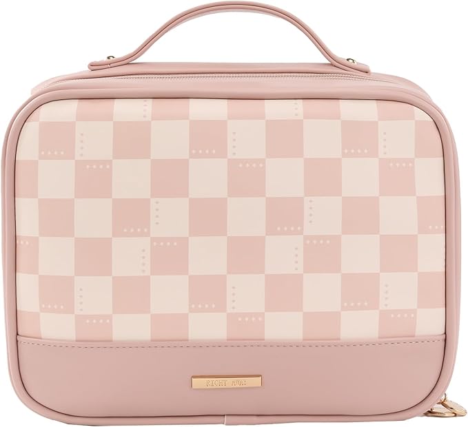 RIGHT AWAY Travel Toiletry Bag for Women, Waterproof Makeup Bag&Case, Portable Cosmetic Organizer Checkered Make up Bag for Full Sized Toiletries，Cosmetics and Travel-Size Accessories,Pink Checkered