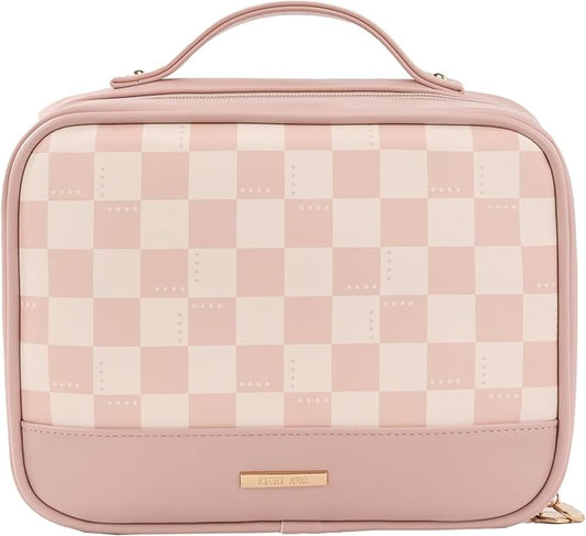 RIGHT AWAY Travel Toiletry Bag for Women, Waterproof Makeup Bag&Case, Portable Cosmetic Organizer Checkered Make up Bag for Full Sized Toiletries，Cosmetics and Travel-Size Accessories,Pink Checkered