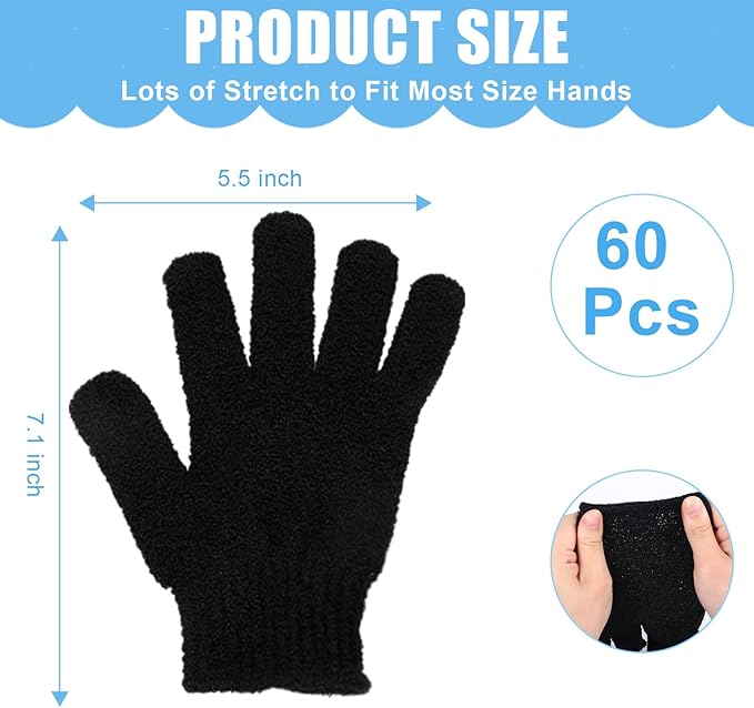 60Pcs Exfoliating Gloves Bulk, Exfoliating Body Scrubber Glove Exfoliator for Body Scrub Mitt, Bath Gloves for Shower Exfoliating Shower Gloves for Women Bathing Accessories(Black)