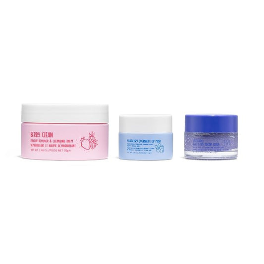 W7 Very Berry Clean - Makeup Cleansing Balm, Lip Mask & Scrub Trio - Gentle Makeup Remover & Overnight Lip Care Set