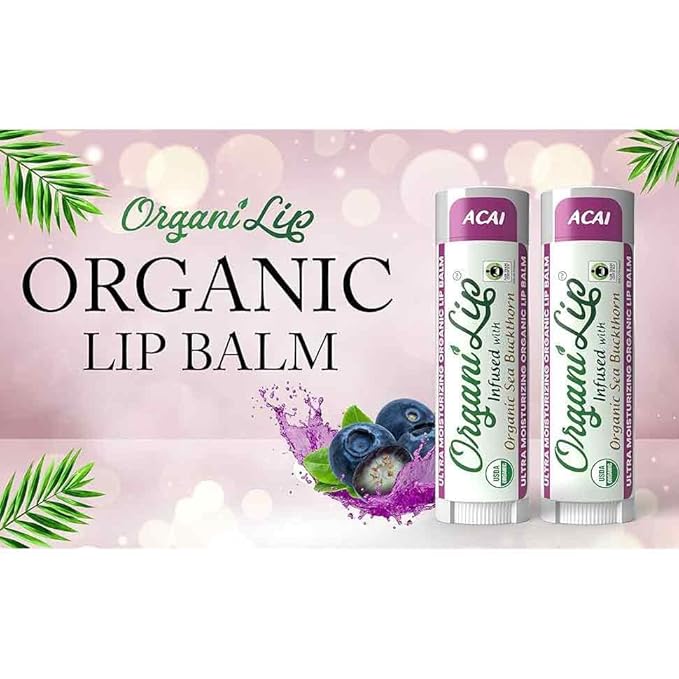 Organic Lip Balm, Acai Flavor, Ultra Hydrating Lip Moisturizer for Cracked or Dry Lips, Infused With Organic Sea Buckthorn, Oval Shaped Tube, USDA Certified Organic, 30 Pack