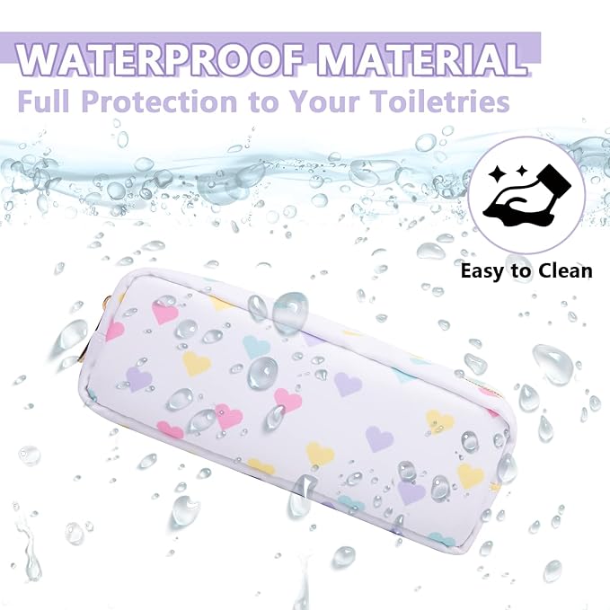 Small Pencil Case Makeup Bag for Purse, Cute Pencil Pouch Nylon Preppy Makeup Brush Bag with Zipper, Girls Portable Stationery Storage Case for Office School College(Slim-White Heart)