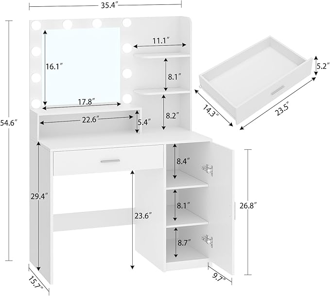 Quimoo Makeup Vanity Desk with Mirror & Lights, Vanity Desk with 5 Drawers & Storage Shelves, Vanity Table, 3 Color Modes & Adjustable Brightness Dressing Table, Bedroom, White