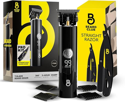 The Beard Club Professional T-Blade Beard Trimmer for Men with Straight Razor - Barber Electric Shaver & Hair Clippers for Men – Zero Gapped Cordless Hair Trimmer & Edger, Line Up Grooming Kit