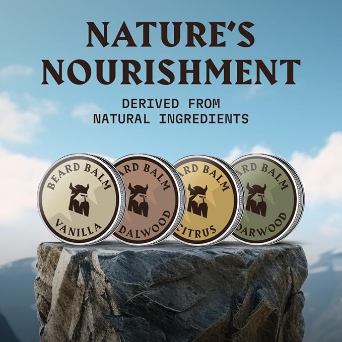 Striking Viking Beard Balm for Men – Light Hold, 1 Oz, Pack of 4 with Citrus, Vanilla, Sandalwood, Cedar Scents - Leave-in Beard Conditioner with Shea Butter, Tea Tree, Argan & Jojoba Oils