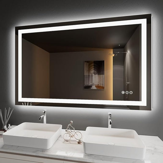 Amorho LED Bathroom Mirror 50" X32" with Front and Backlight, Stepless Dimmable Wall Mirrors with Anti-Fog, Shatter-Proof, Memory, 3 Colors, Double LED Vanity Mirror(Horizontal/Vertical)