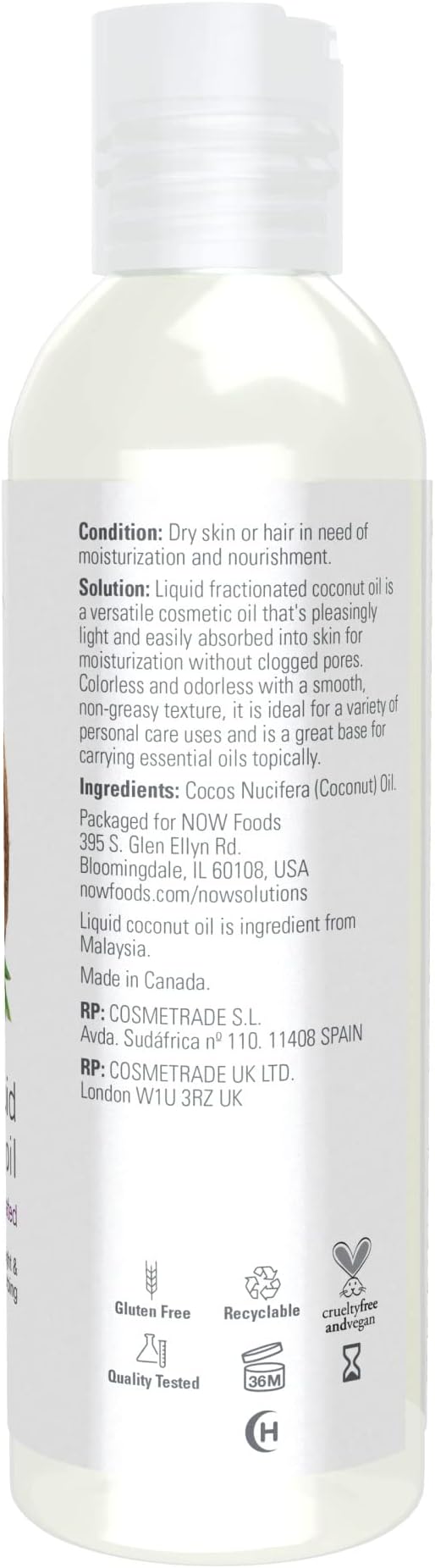 NOW Foods Solutions, Liquid Coconut Oil, Light and Nourishing, Promotes Healthy-Looking Skin and Hair, 4-Ounce