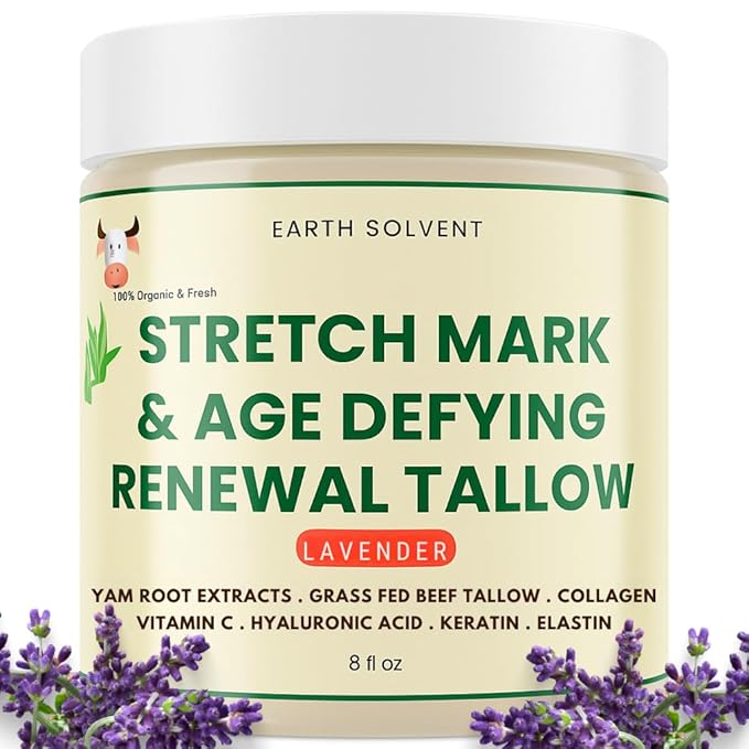 Stretch Mark & Age Defying Renewal Tallow – Yam Root, Coll-agen, Biotin, Vitamin C, Dead Sea Minerals, Hyaluronic Acid, Keratin & Elastin (8 fl oz, Lavender)