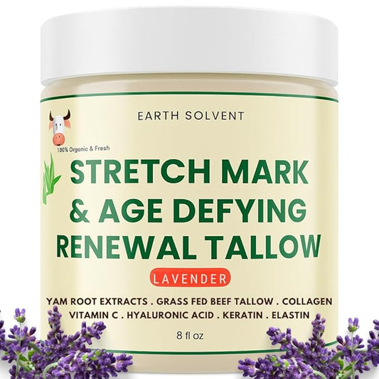 Stretch Mark & Age Defying Renewal Tallow – Yam Root, Coll-agen, Biotin, Vitamin C, Dead Sea Minerals, Hyaluronic Acid, Keratin & Elastin (8 fl oz, Lavender)