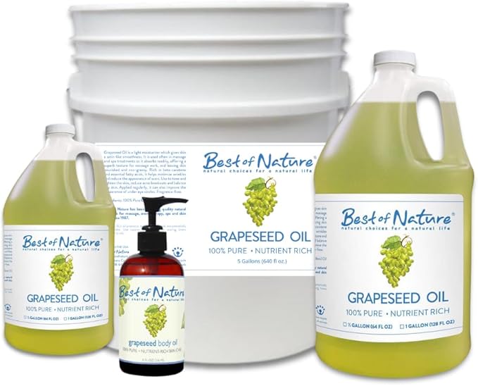 Best of Nature 100% Pure Grapeseed Oil - Unscented, Lightweight, Non-Greasy Moisturizer for Hair, Skin, Face & Aromatherapy, Carrier Oil for Essential Oils, 5 Gallon Pail (640 fl oz)