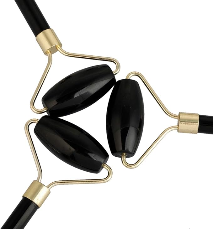 Rockcloud Natural Crystal Stone Roller Massager Double Neck Face & Neck Massage Therapy Anti-Aging Wrinkle Healing Slimming Skincare Tool,Black Obsidian