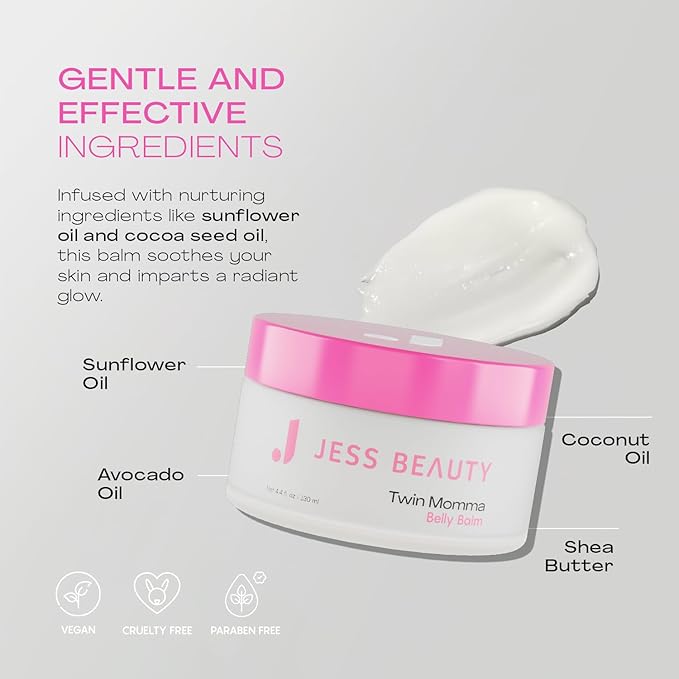 JESS BEAUTY | Twin Momma Belly Balm Lotion Coconut Oil & Avocado Oil | Skin Care Maternity Postpartum Essentials 4.4 fl oz