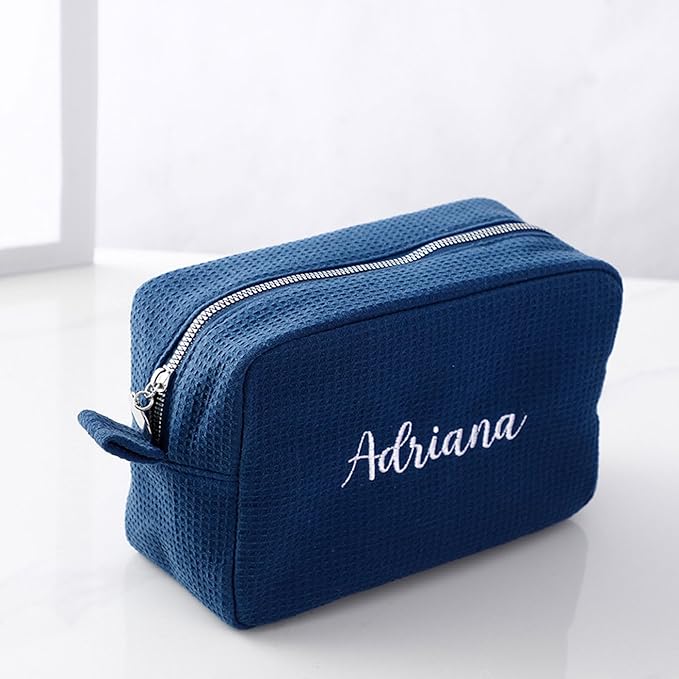 GOPHIE Personalized Embroidered Makeup Bag,Custom Waffle Fabric Cosmetic Pouch for Women, Travel Makeup Pouch (1, Navy Blue)