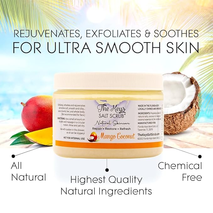 The Keys Salt Scrub -Sea Salt Scrub - Exfoliating Body Scrub with Wooden Spoon - Moisturizing Exfoliator for Hands, Foot, Bath, (12 Ounce (Pack of 1), Mango Coconut)