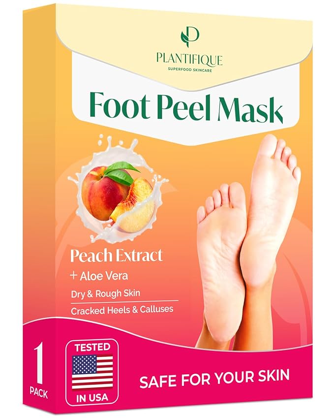 PLANTIFIQUE Foot Peeling Mask 1 Pack | Dermatologically Tested Repairs Heels & Removes Dry Dead Skin for Baby Soft Feet | Exfoliating Foot Peel Mask for Dry Cracked Feet | Peach