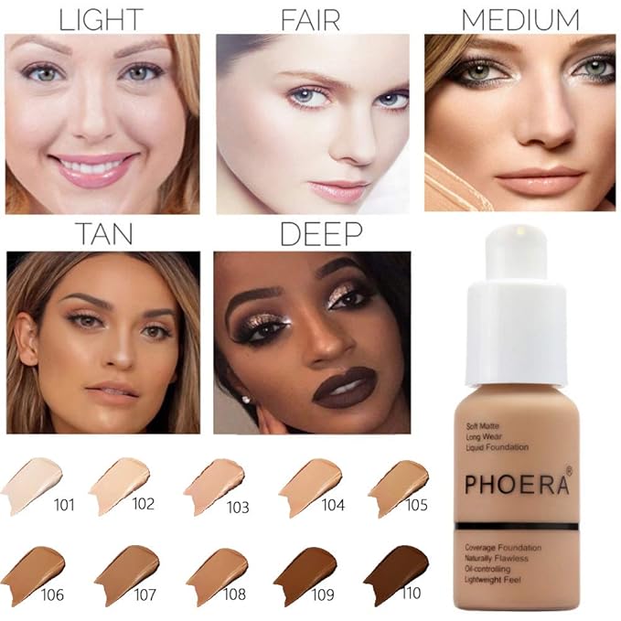 PHOERA Foundation Makeup Naturally Liquid Foundation Full Coverage Mattle Oil-Control Concealer 8 Colors Optional,Great Choice For Gift(#107 Honey,30ml)