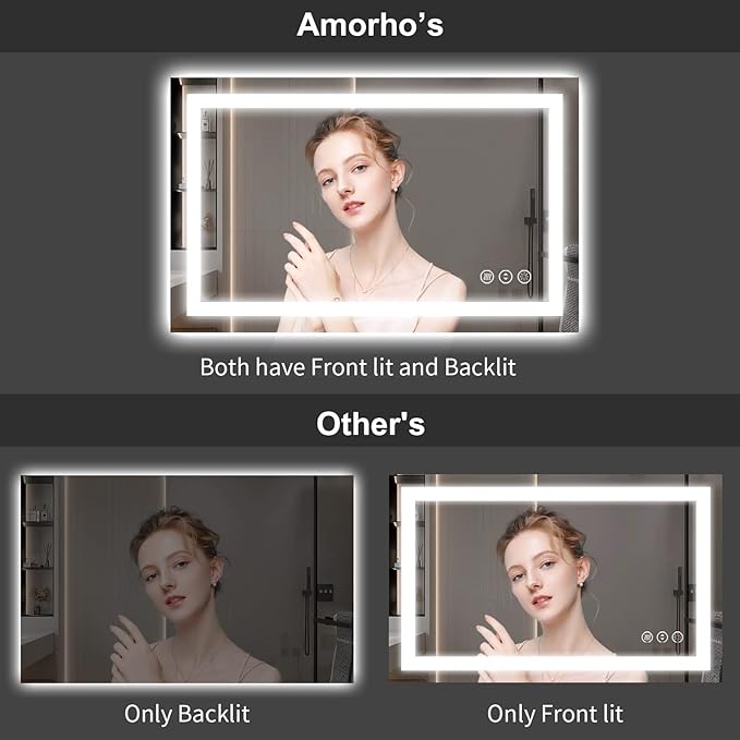Amorho LED Bathroom Mirror 55"X40" with Front and Backlight, Stepless Dimmable Wall Mirrors with Anti-Fog, Shatter-Proof, Memory, 3 Colors, Double LED Vanity Mirror(Horizontal/Vertical)