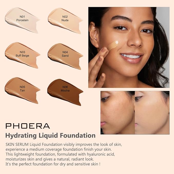 PHOERA Hydrating Serum Foundation,Makeup Base Foundation Hypoallergenic and Flawless Full Coverage.(N01 Porcelain)