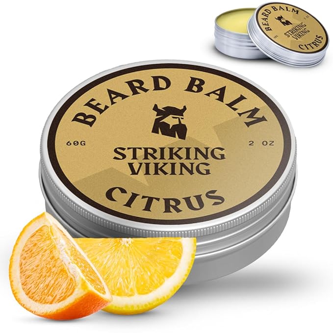 Striking Viking Beard Balm for Men – Light Hold, Citrus, 2 Oz - Leave-in Beard Conditioner with Shea Butter, Tea Tree, Argan & Jojoba Oils - Smooth, Shape, Moisturize & Soften Coarse, Dry Facial Hair