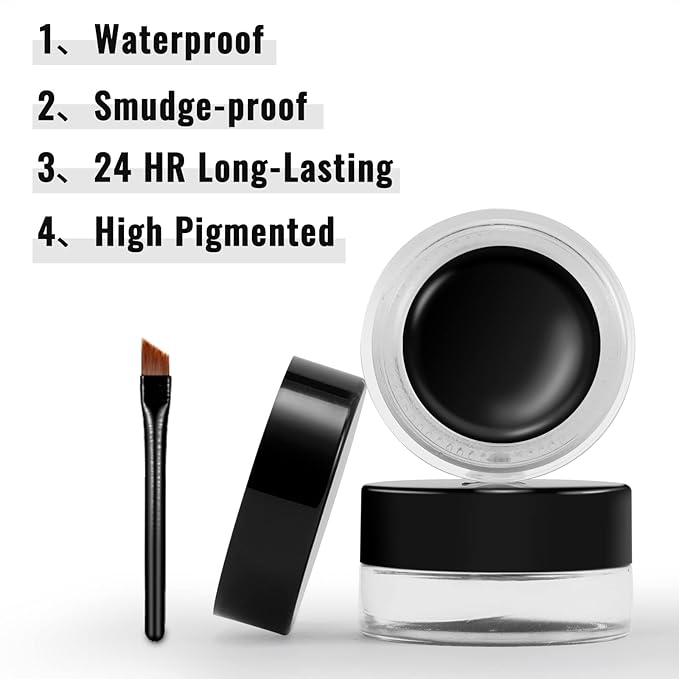Erinde [2PCS] Waterproof Gel Eyeliner Set, Long Lasting Cream Eye Liner Gel, High-Intensity Pigments Smudge-Proof Eye Liner Makeup, Water-Resistant Eyeliner with 4PCS Brushes (Balck & White)