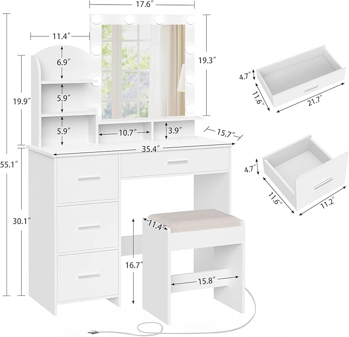 Quimoo Makeup Vanity with 10 Light Bulbs and Charging Station, Vanity Desk with Lighted Mirror & 4 Drawers, Vanity Table Set with Cushioned Stool, White