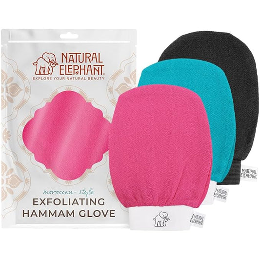 Natural Elephant Exfoliating Hammam Glove (Teal, Back and Pink (Pack of 3))